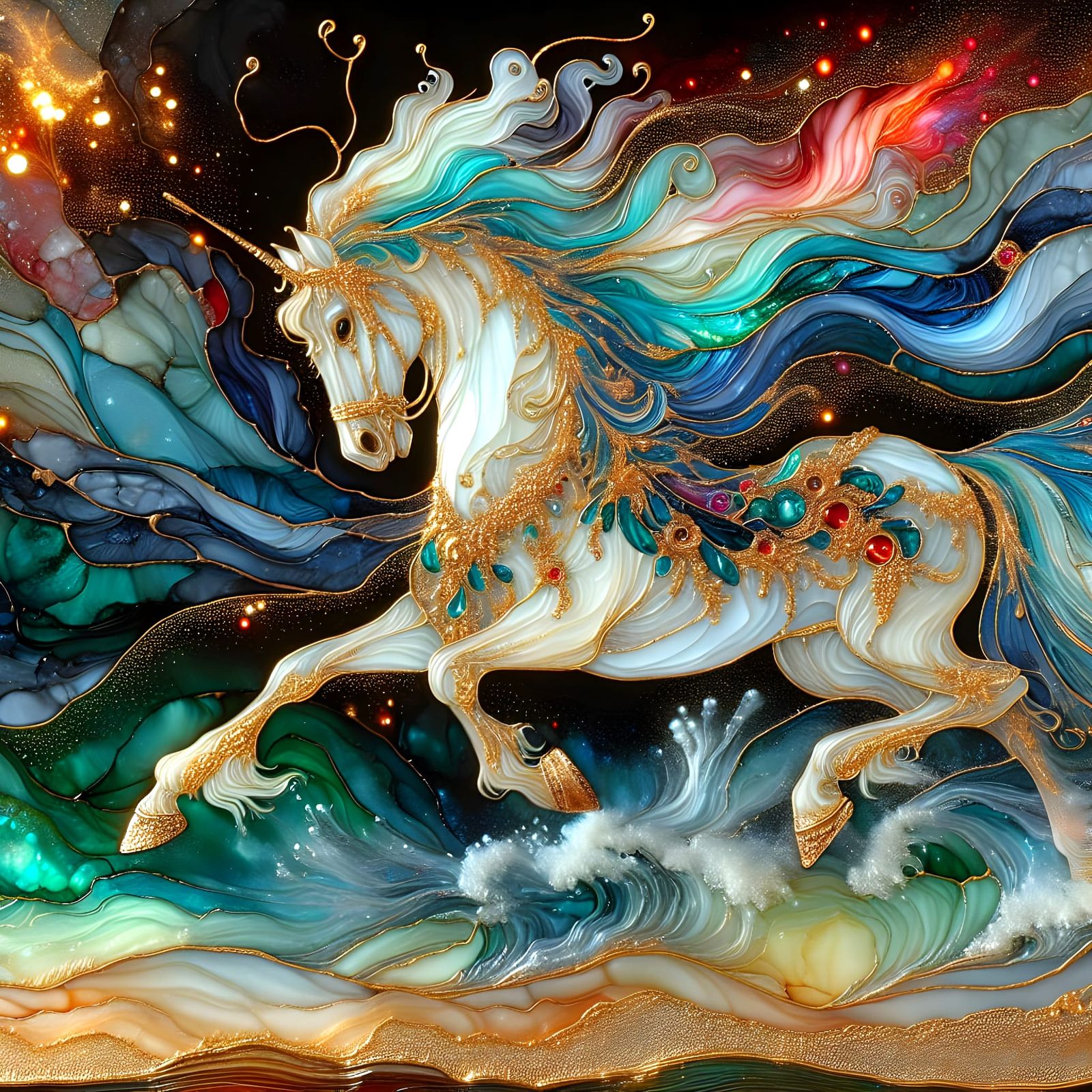 Vibrant Glasswork of a Majestic Horse Galloping on a Beach