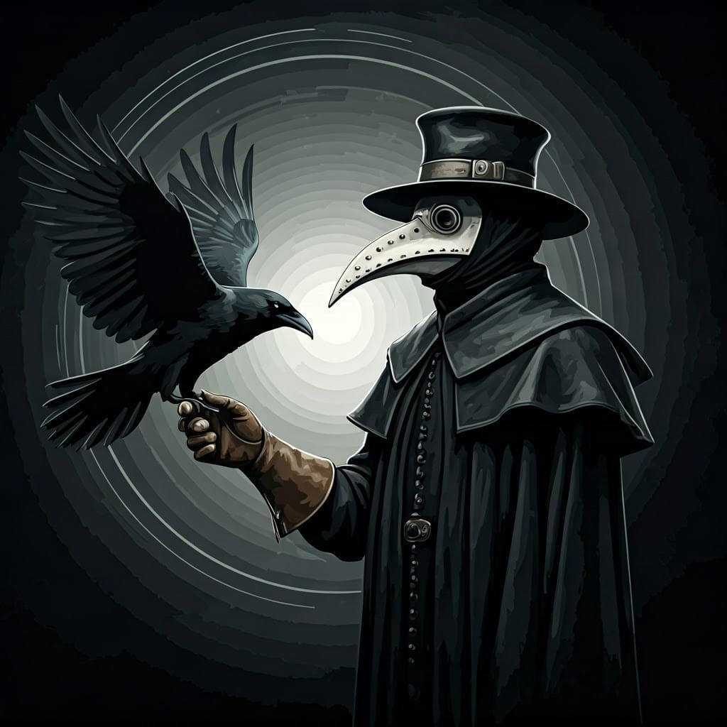 Plague Doctor in Abstract Landscape with Crow