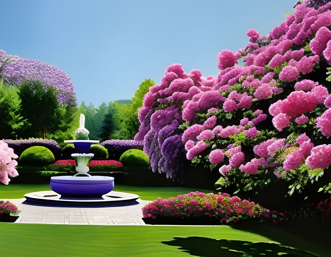 Blooming Garden with Greek Sculpture in Oil Painting Style