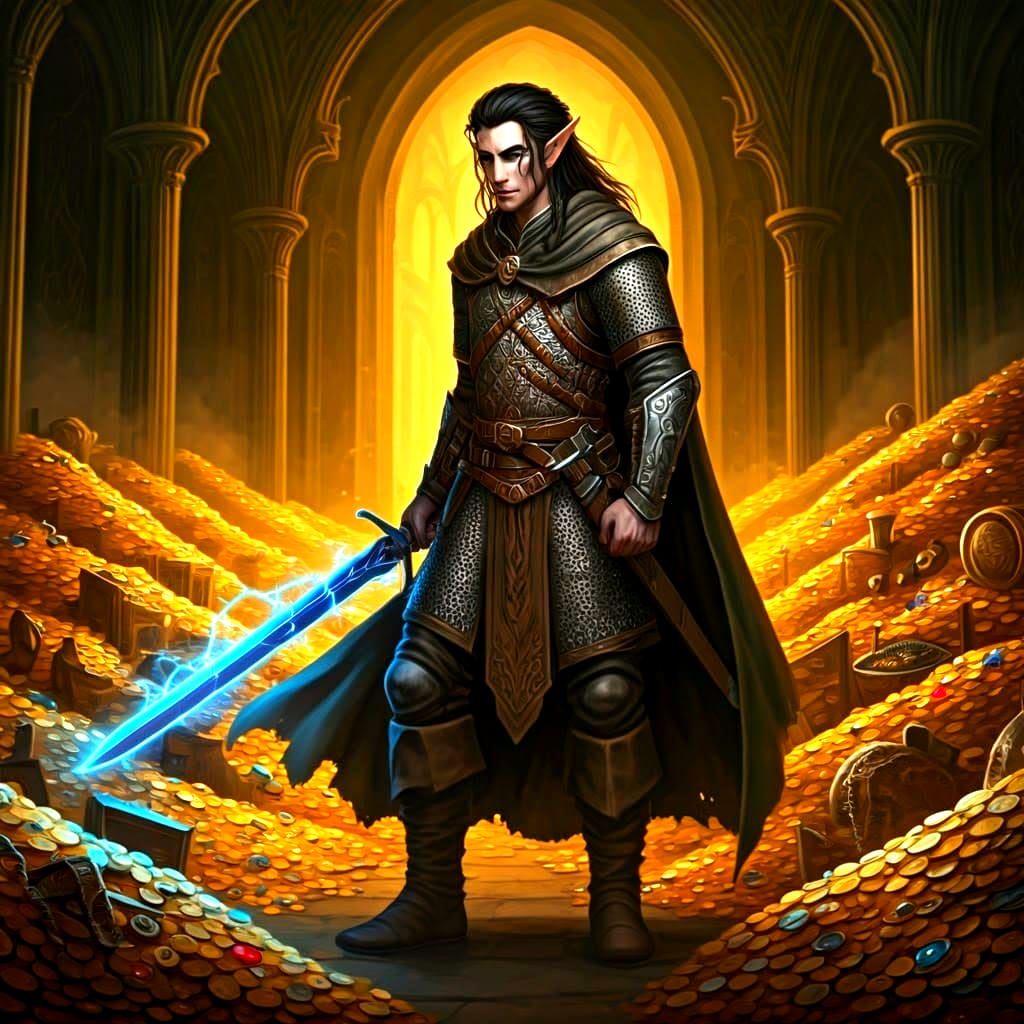 Half-Elf Rogue in a Hall of Treasure