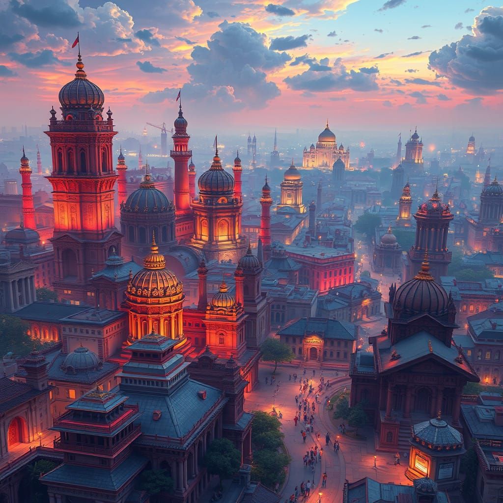 Stylized New Delhi Cityscape in Anime-Inspired Digital Art