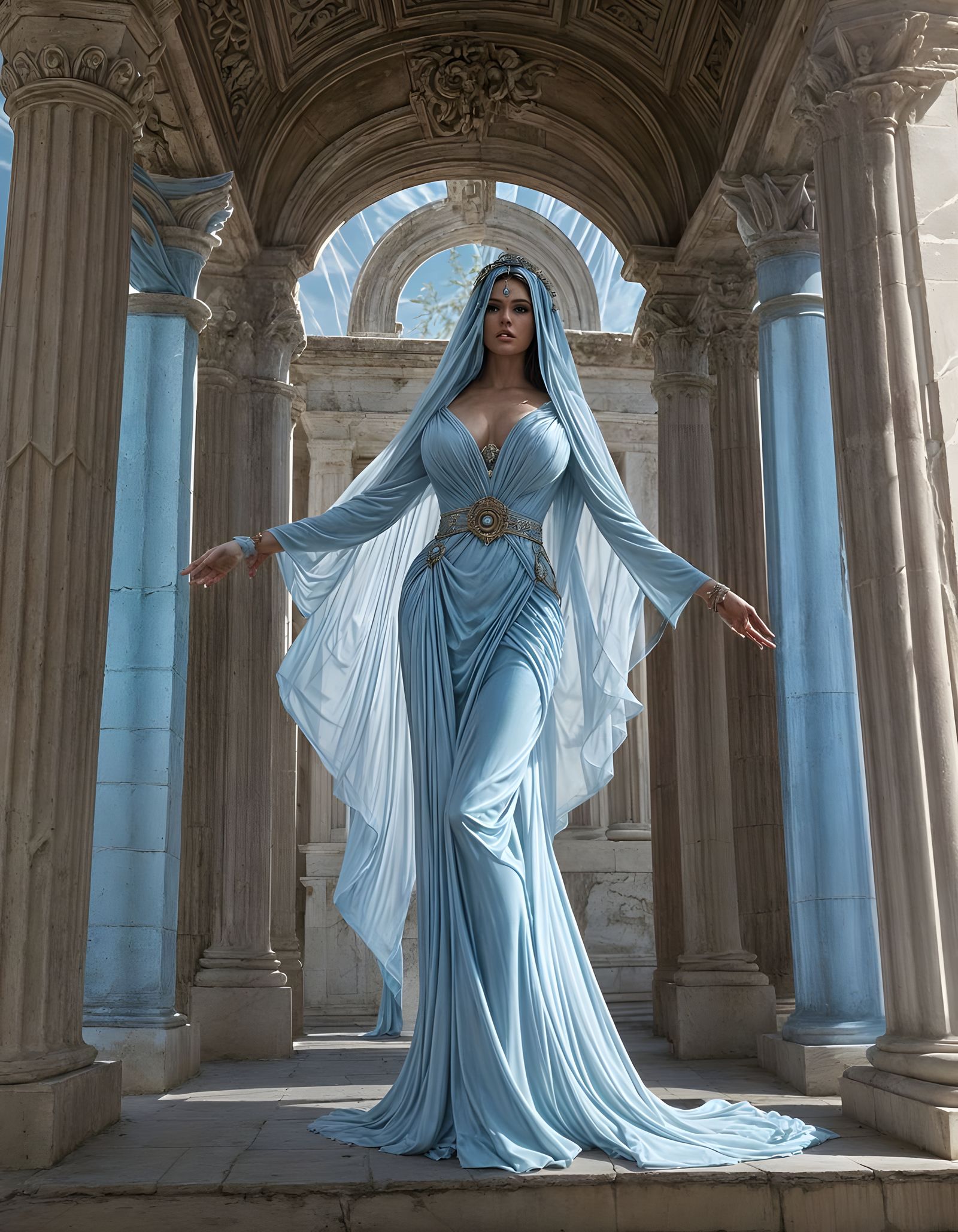 Ethereal Grecian Goddess in Light Blue Silk