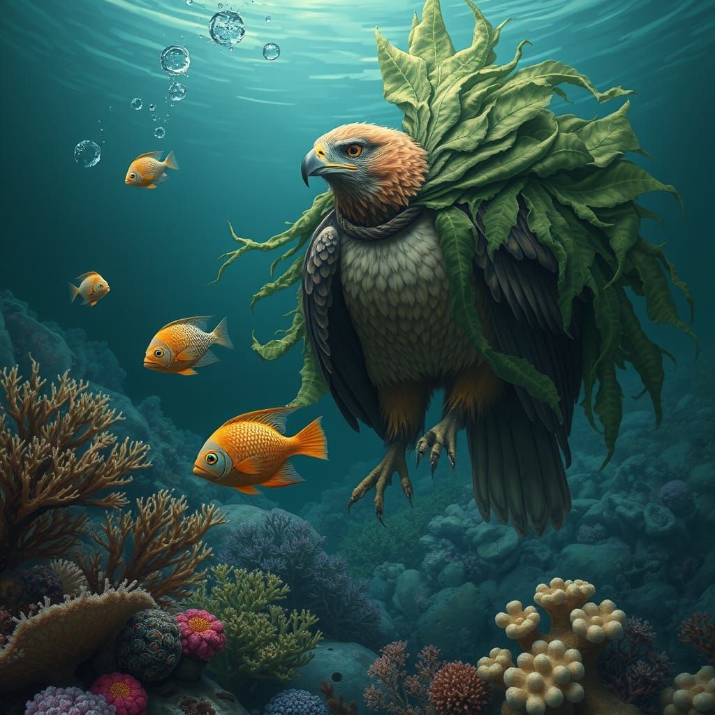 Hawk in Seaweed Cloak Swims Underwater with Fish