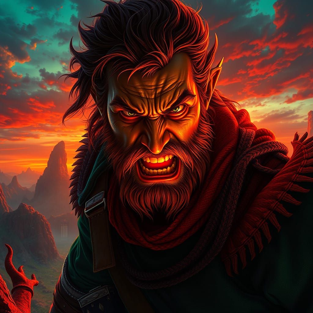 Furious Man Stands at Edge of Mystical Realm in Fantasy Suns...