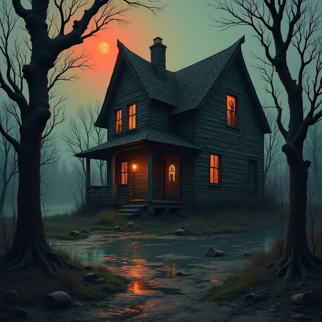 Eerie Haunted House in Forest with Bloody Moon