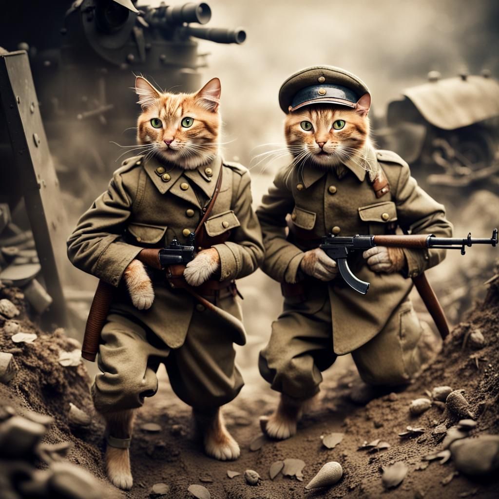 Anthropomorphic Cats Fighting in WW2 Trenches