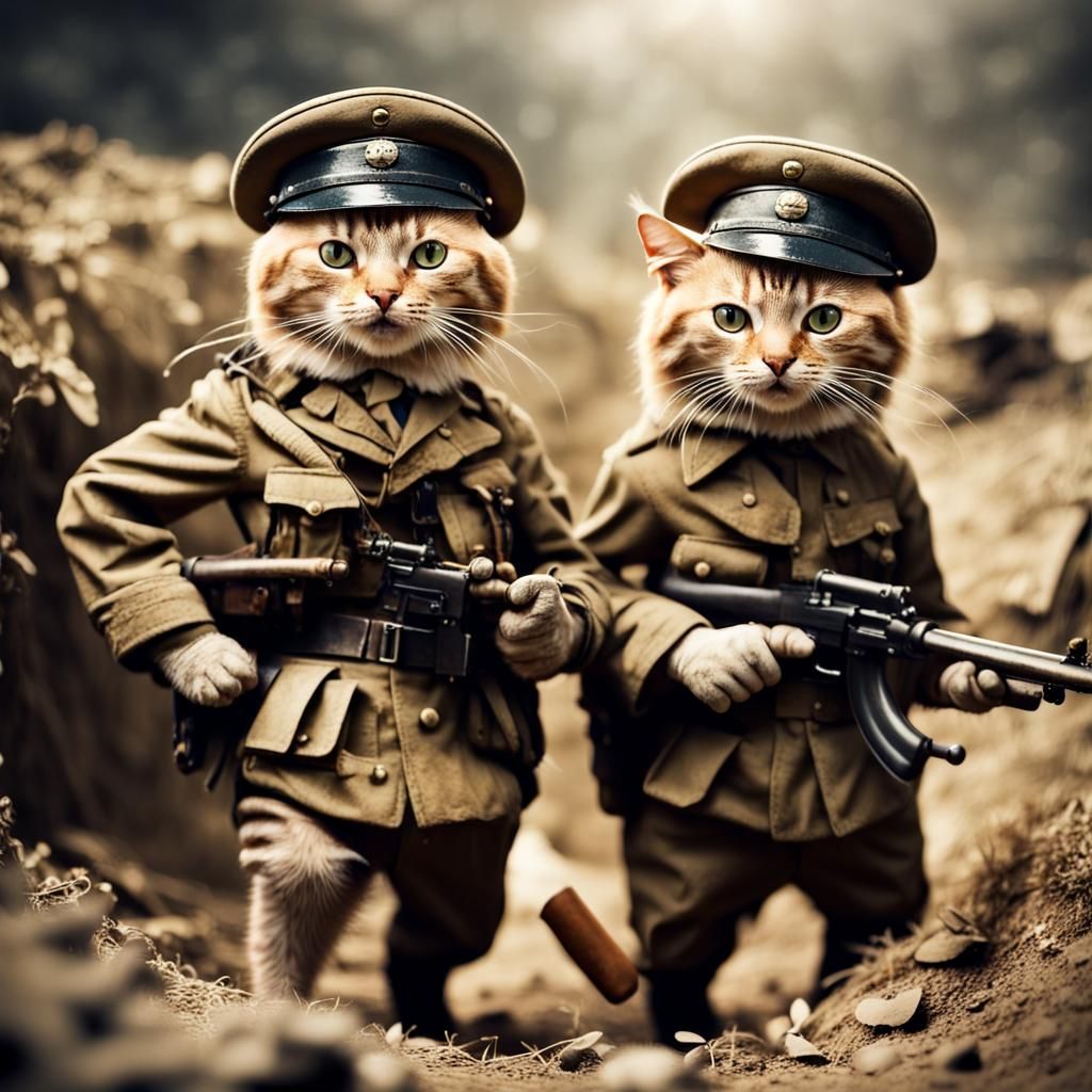 Anthropomorphic Cats in WWII Trench Warfare