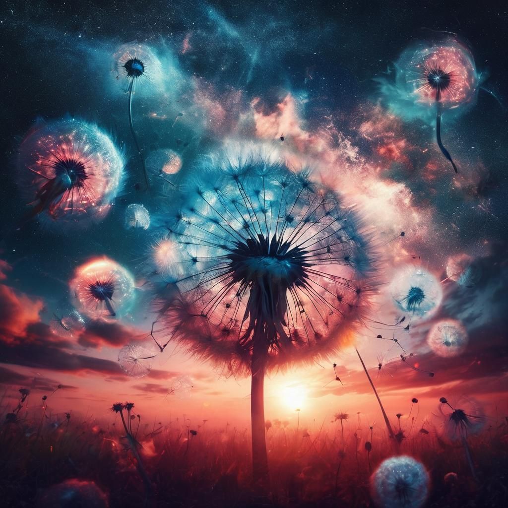 Dandelions and Universe in Surreal Double Exposure