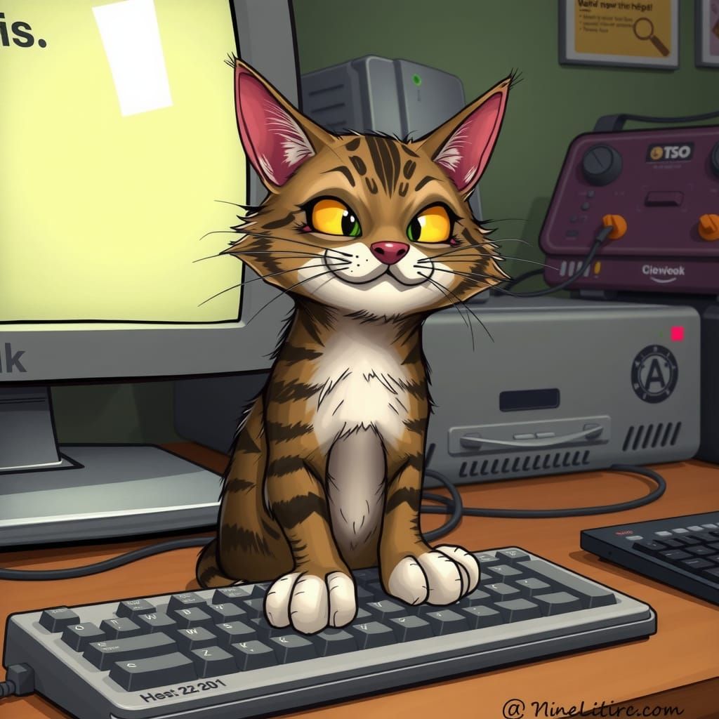 Mischievous Cat Caricature Sitting on Keyboard