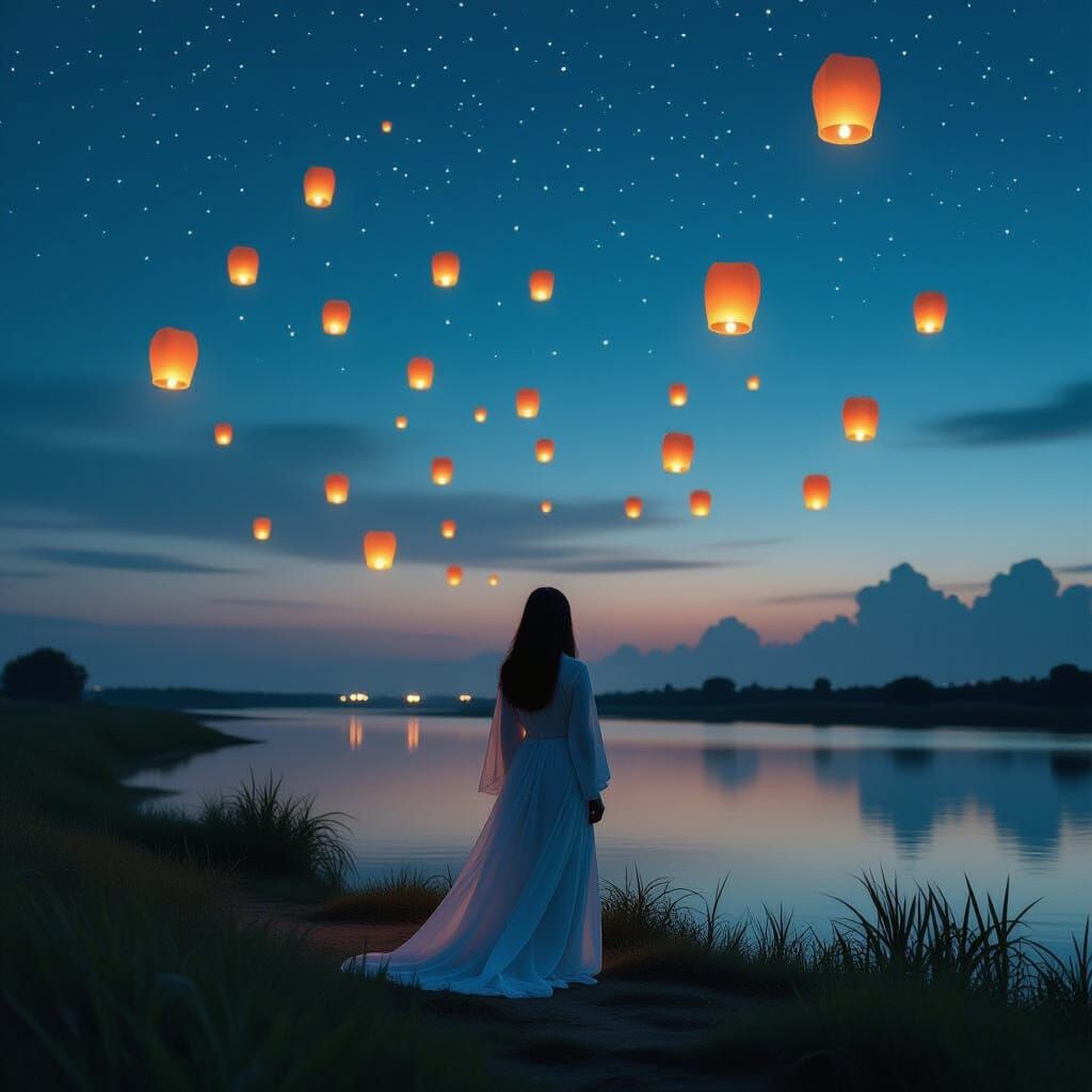 Vietnamese Woman in Áo Dài Under Starry Sky