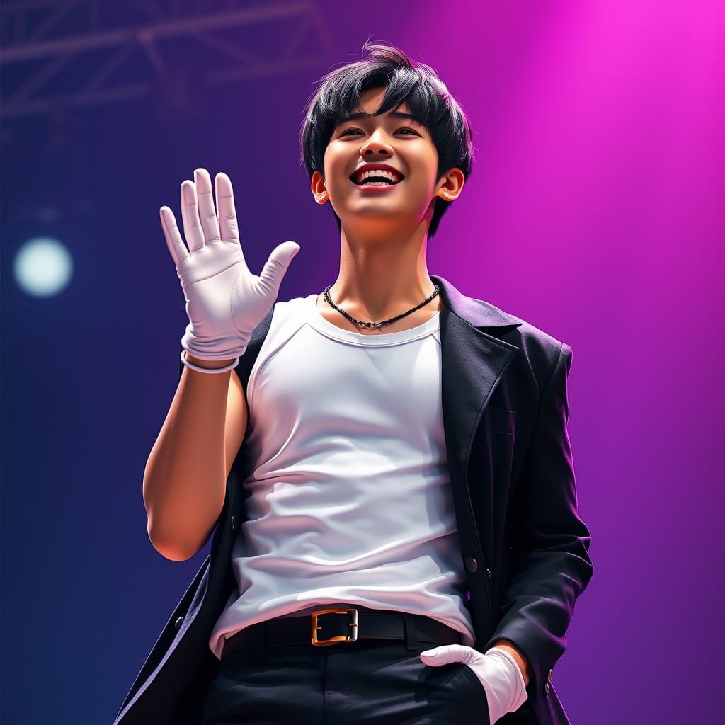 Charismatic K-Pop Idol in Dynamic Concert Pose