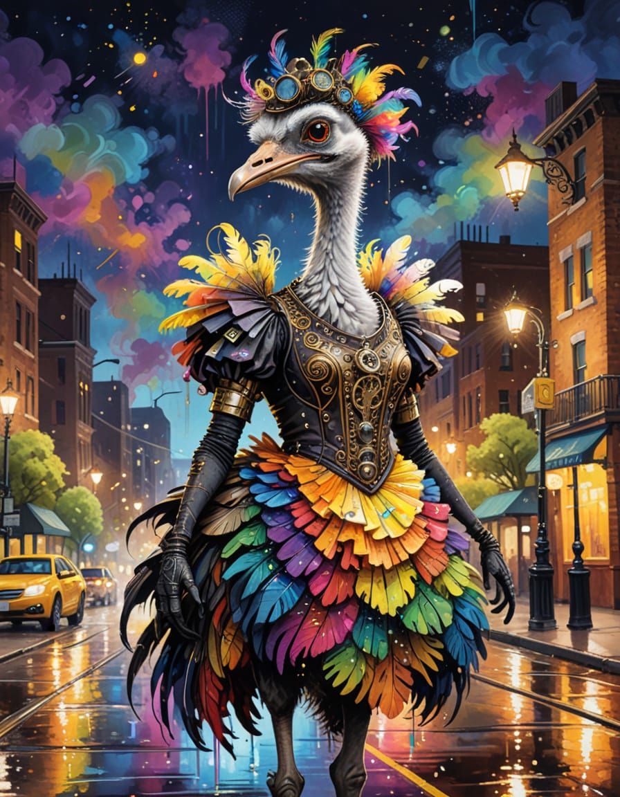 Steampunk Ostrich in Rainbow Dress by Night City