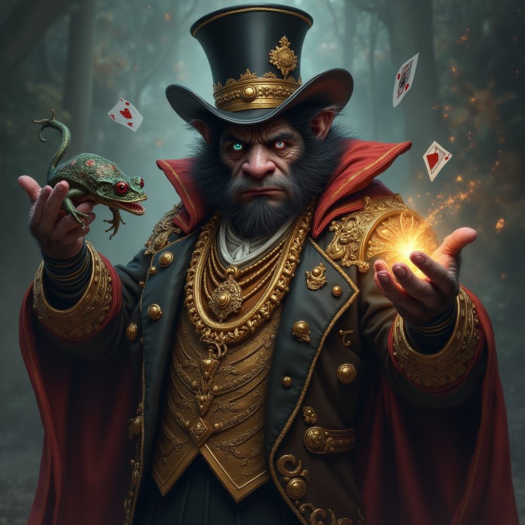 Dark Fantasy Warlock with Opulent Steampunk Attire and Arcan...