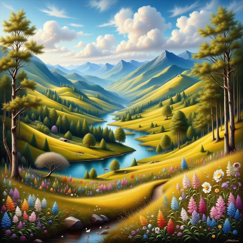 Vibrant Hudson River School Landscape Painting