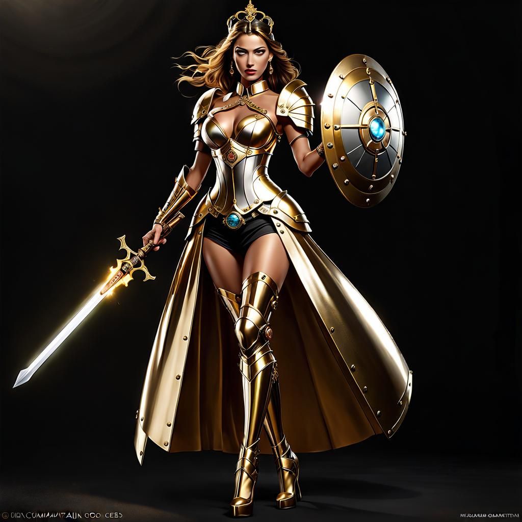 Steampunk War Goddess with Gold Shield Portrait