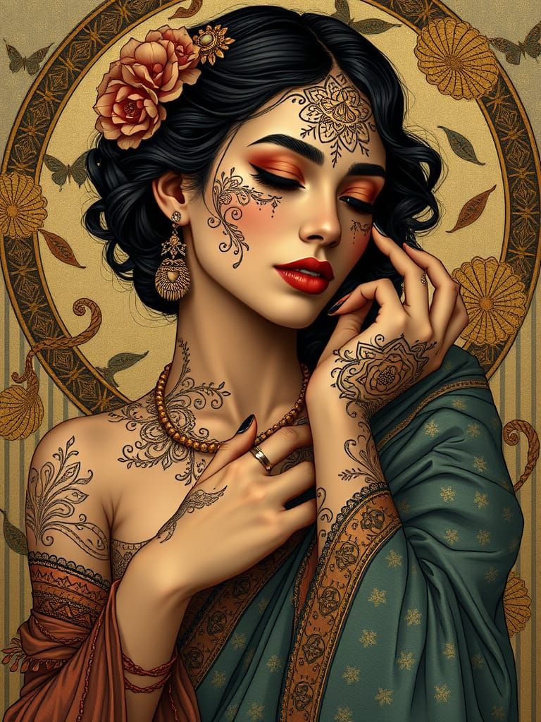 Elegant Latina Woman in Ornate Attire, Art Nouveau Style