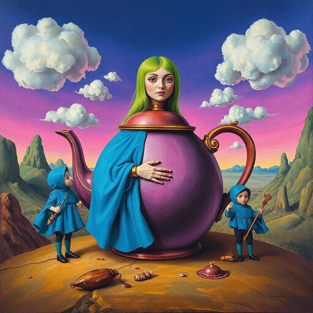 Anthropomorphic Teakettle Family in Surreal Psychedelic Styl...