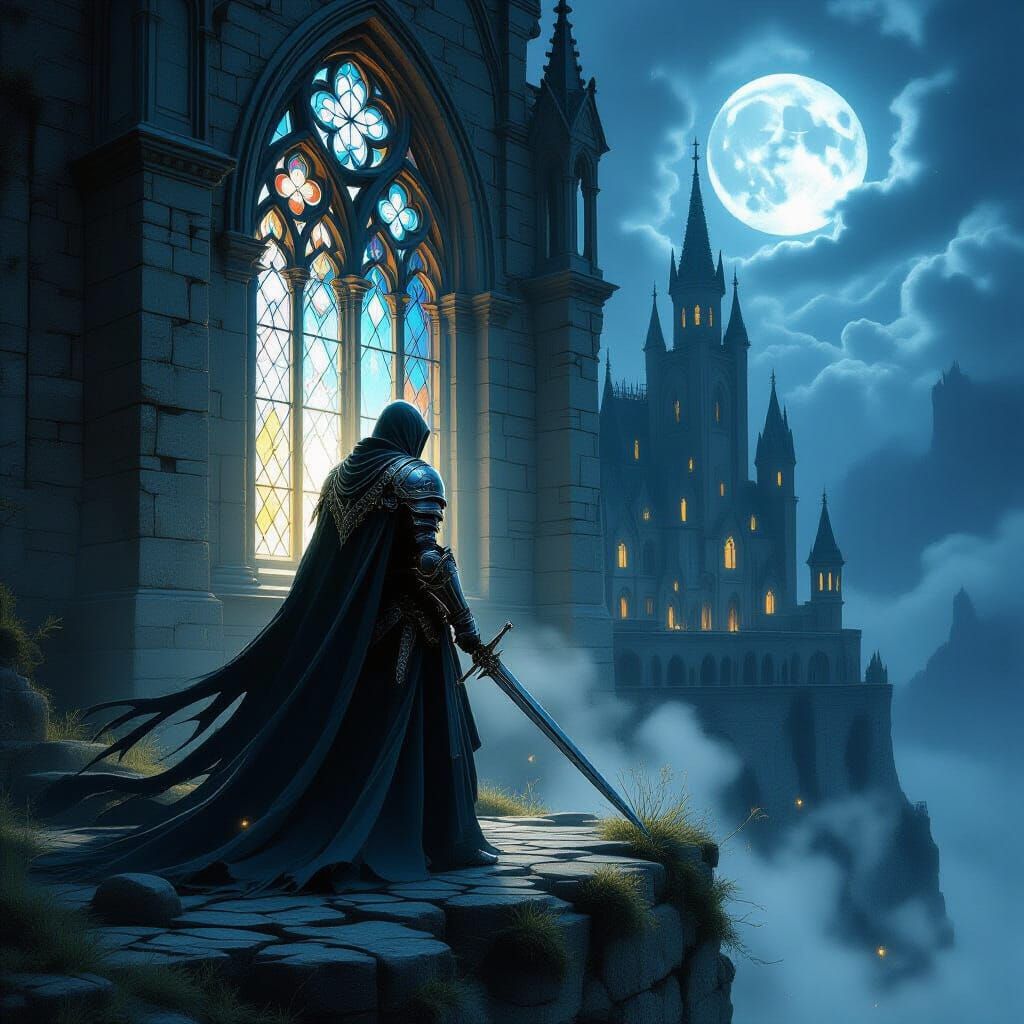 Ethereal Knight Guards Gothic Castle in Moonlight