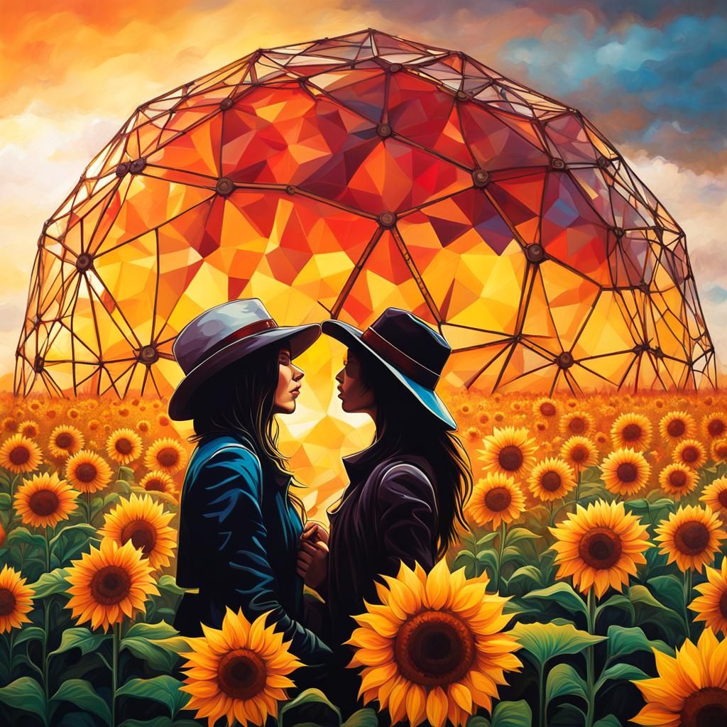 Lesbian Kiss in Steampunk Sunflower Dome Graffiti