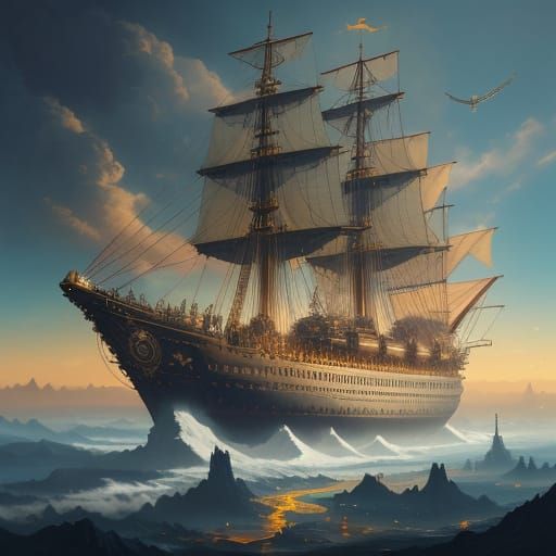 Steampunk Airship Drifts Through Cloudy Skies in Jules Verne...