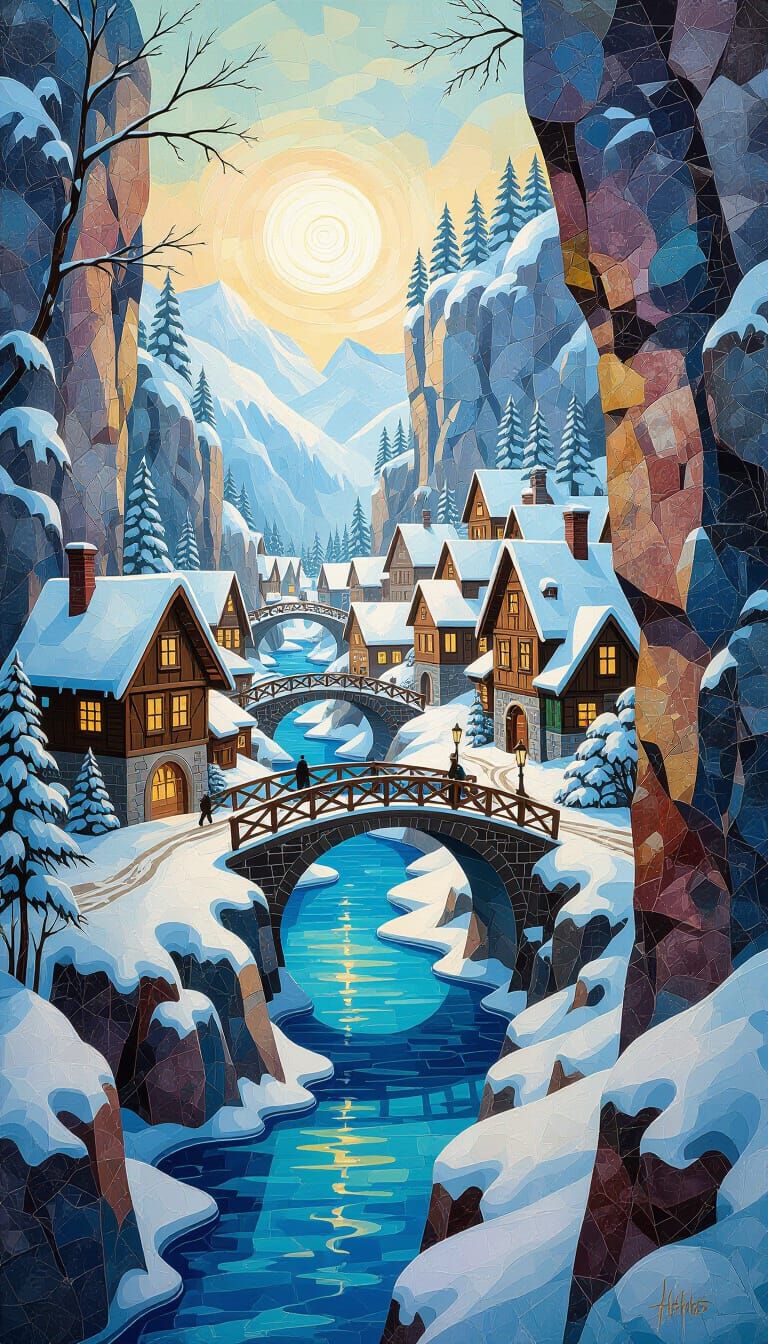 Christmas Village on Rocky Cliffs in Pop Art Style