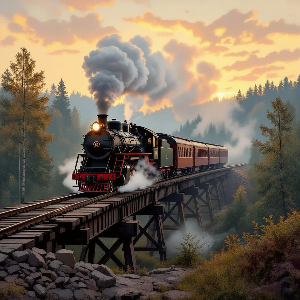 Steam Train on Wooden Bridge, Russia, 1890s