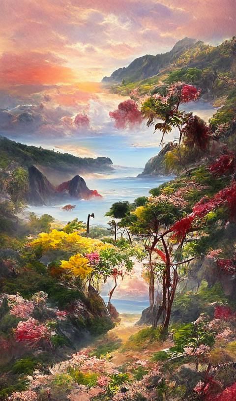 Tropical Sunrise Seascape with Flowering Trees