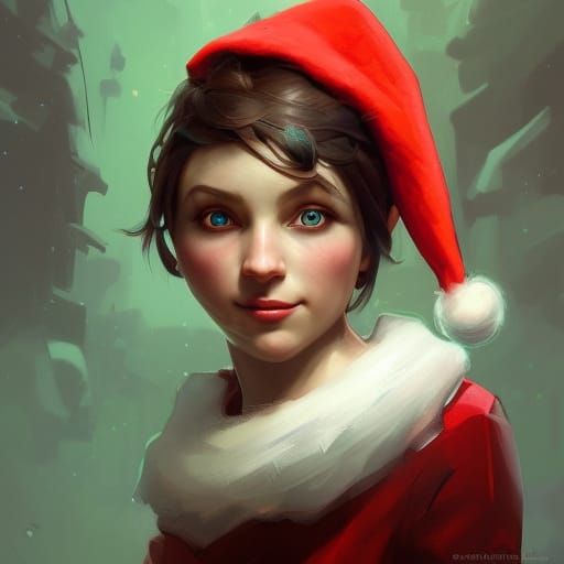 Detailed Christmas Elf Portrait in Art Nouveau Style