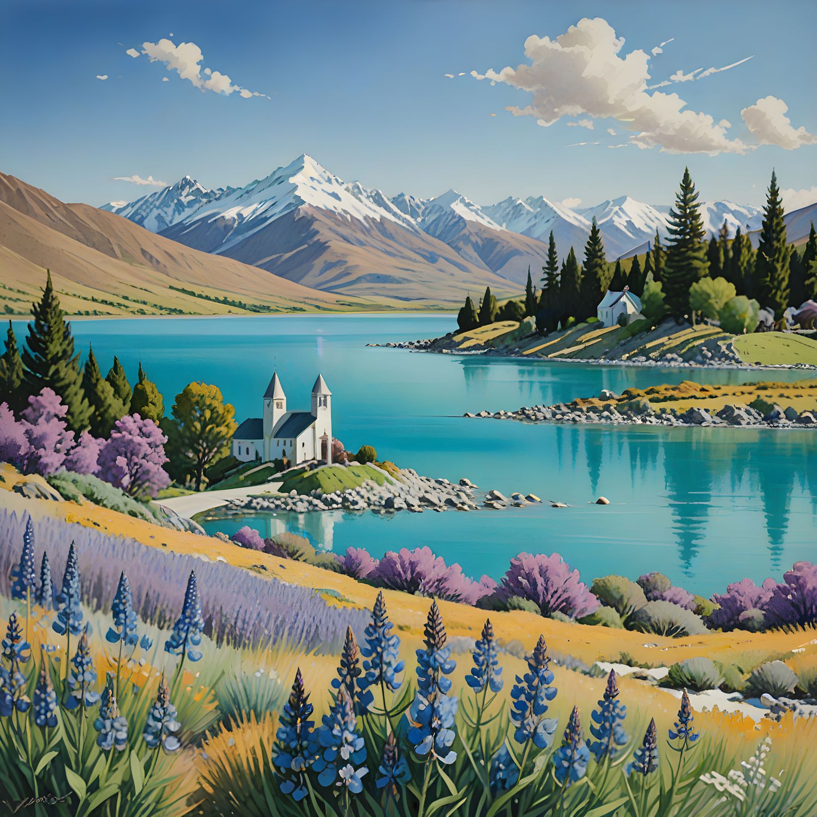 Serene Lake Tekapo Watercolor Painting in New Zealand