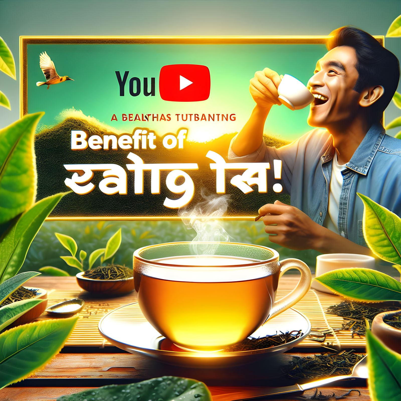 Steaming Tea Cup YouTube Thumbnail with Bangla Text