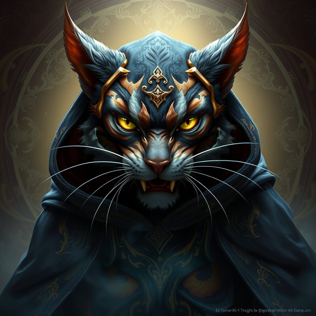 Mystical Feline in Dark Fantasy Regalia, 8K Concept Art Port...