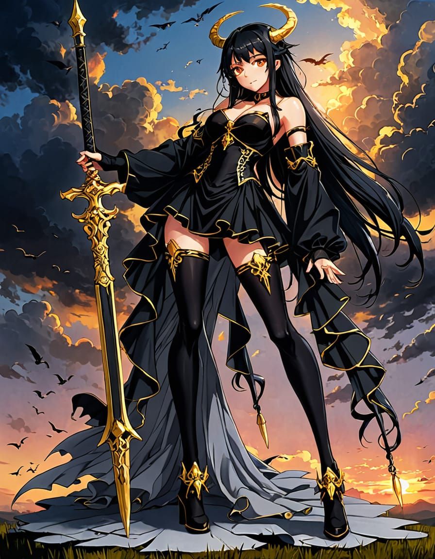 Gothic Angel with Golden Horns in Sunset