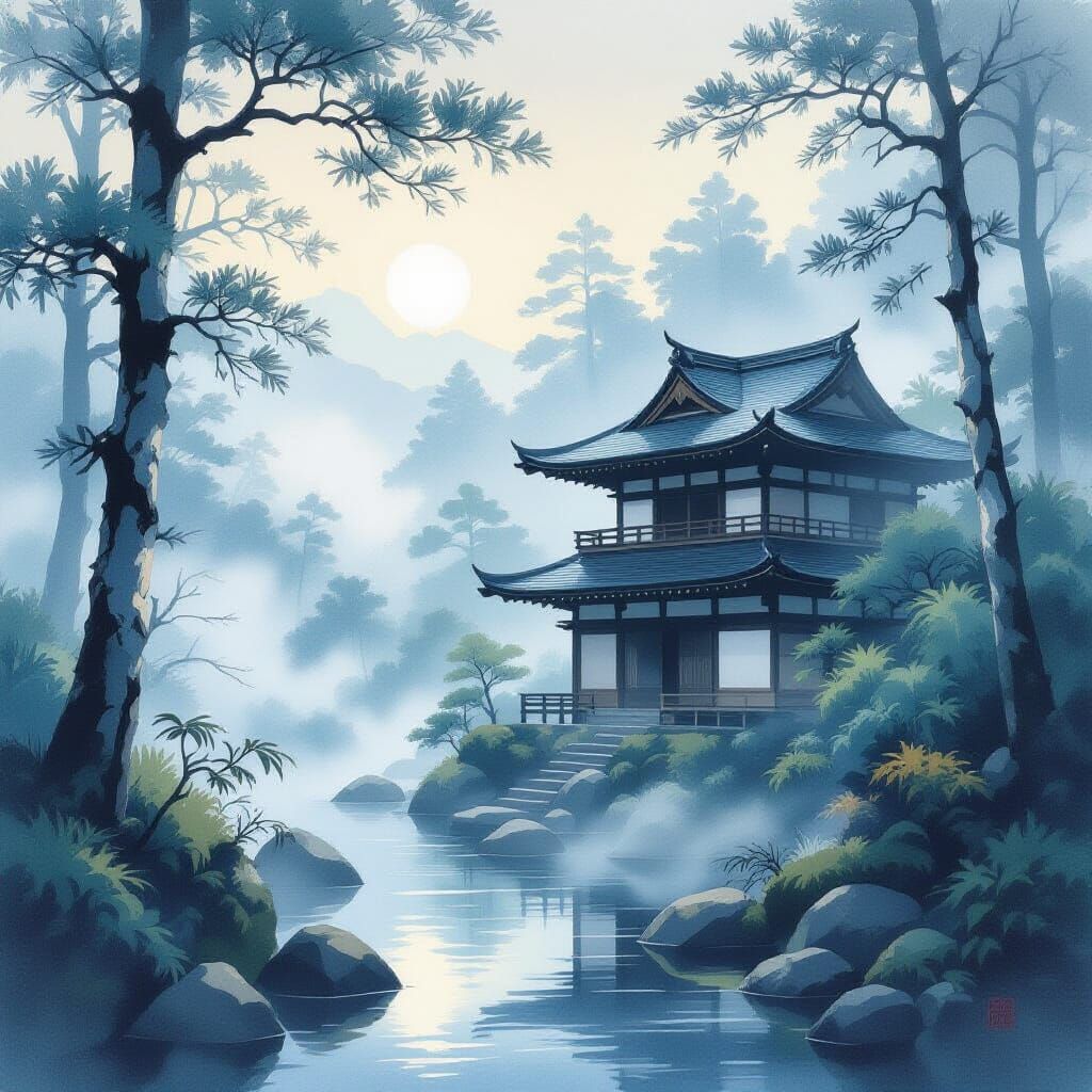 Misty Forest Ryokan in Dreamy Acrylic Painting Style