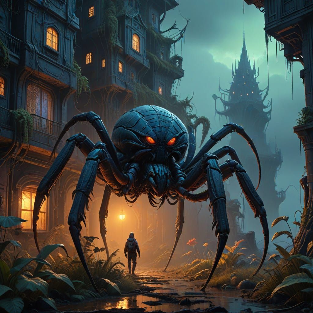 Fantastic Hybrid Creature Amidst Twisted Architecture