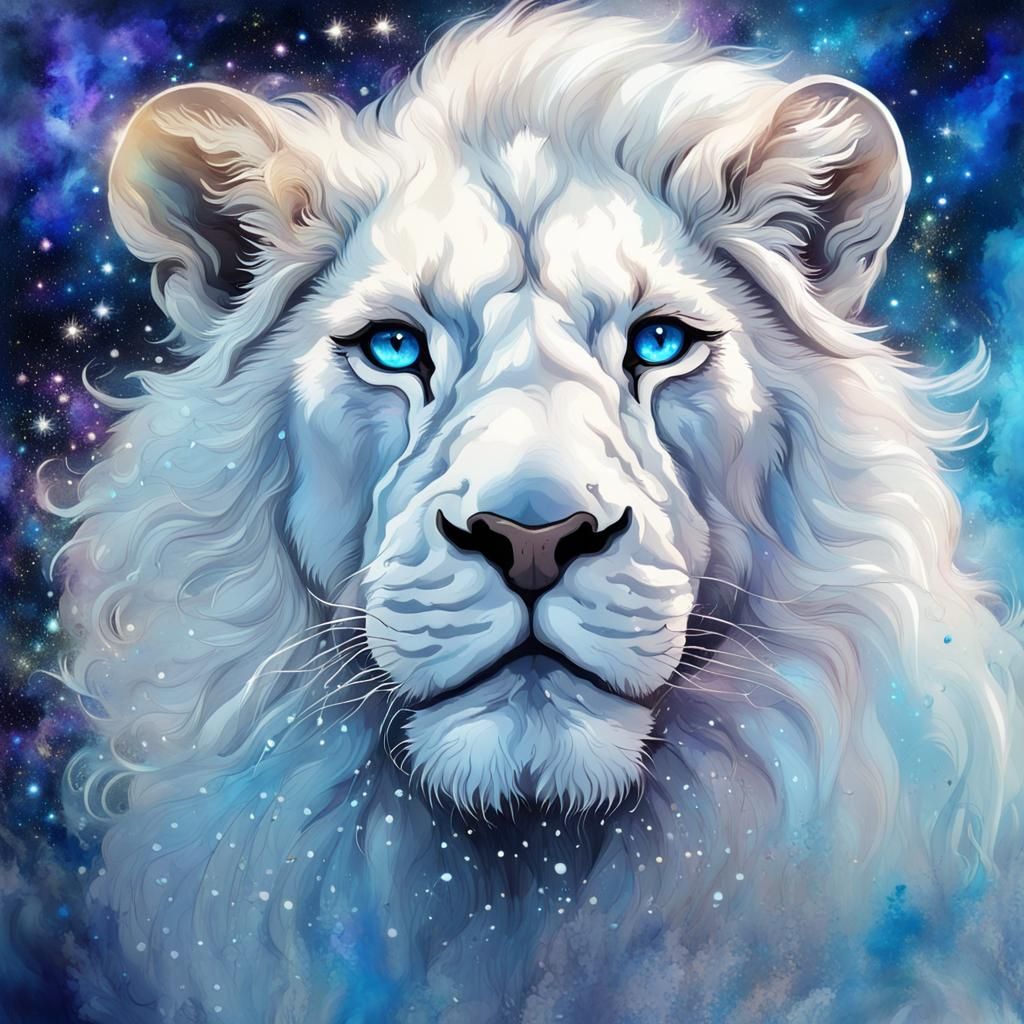 Ethereal White Lion Shimmers in Glittering Space