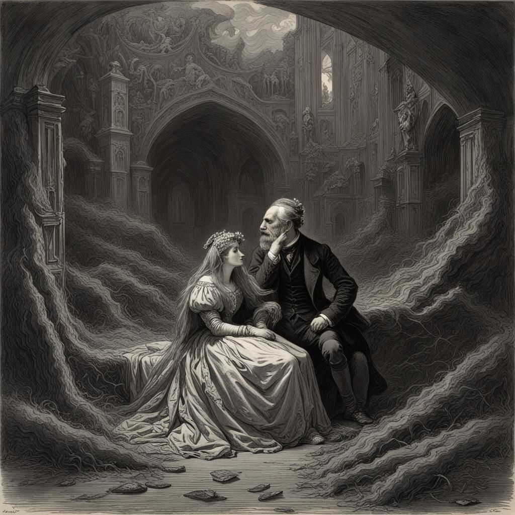Gothic Kiss Illustration in Doré and Rutkowski Style