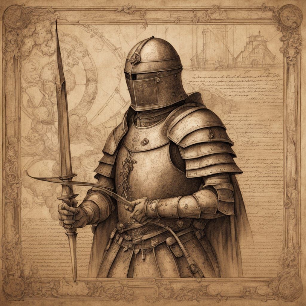 Renaissance-Style Armor and Airbow Illustration in Sepia-Ton...