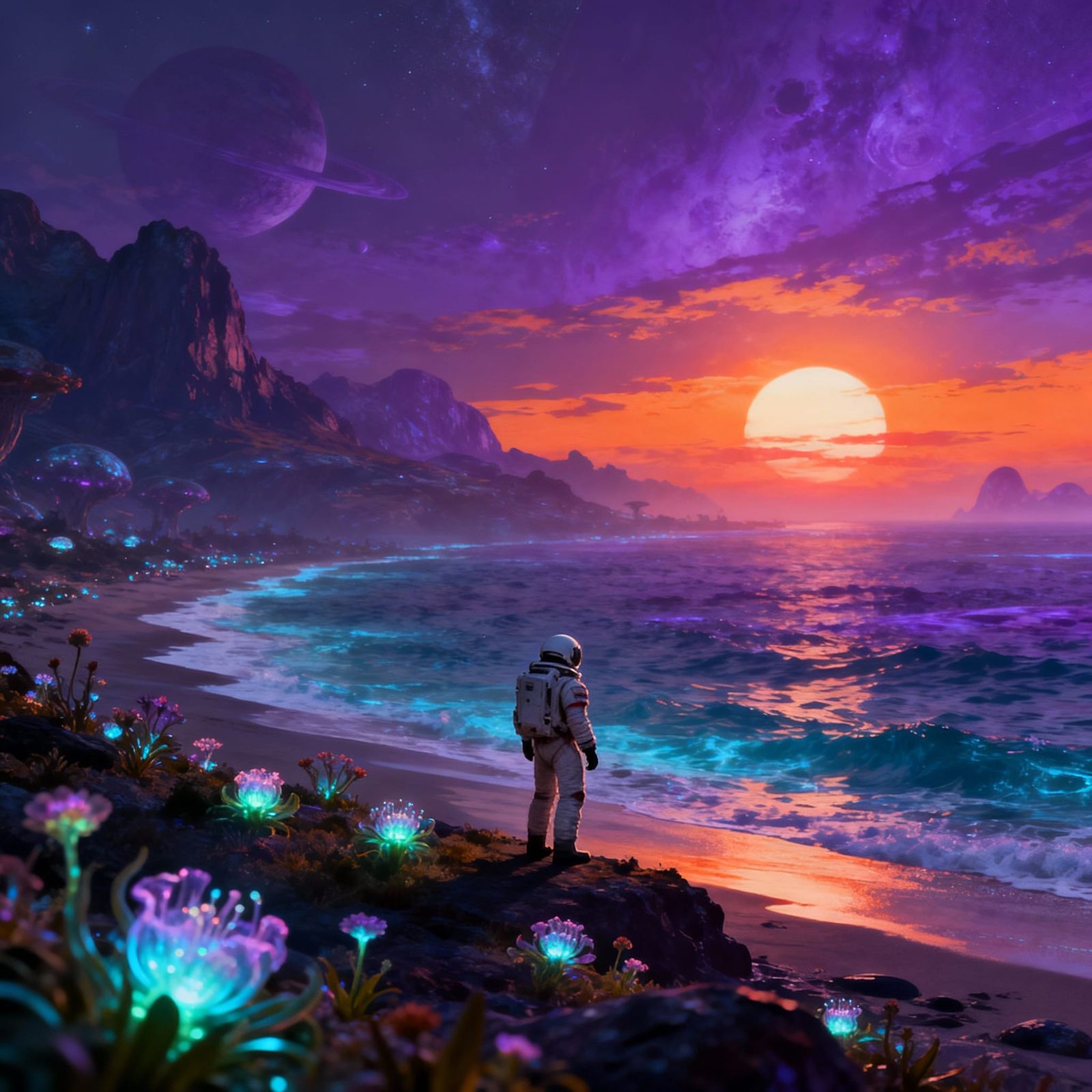 Astronaut Explores Alien Ocean at Surreal Sunset