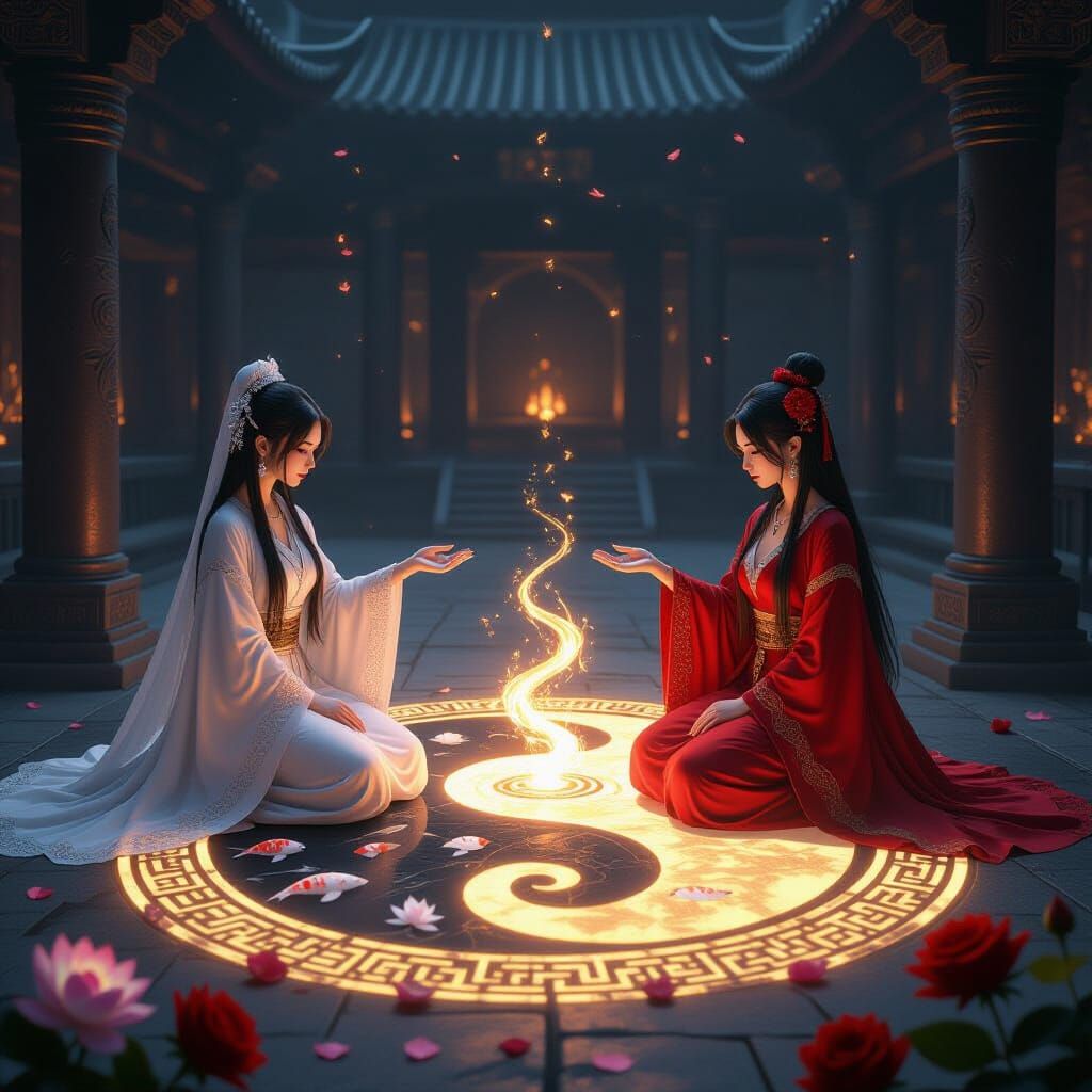 Priestesses at Yin-Yang Altar in Anime Style