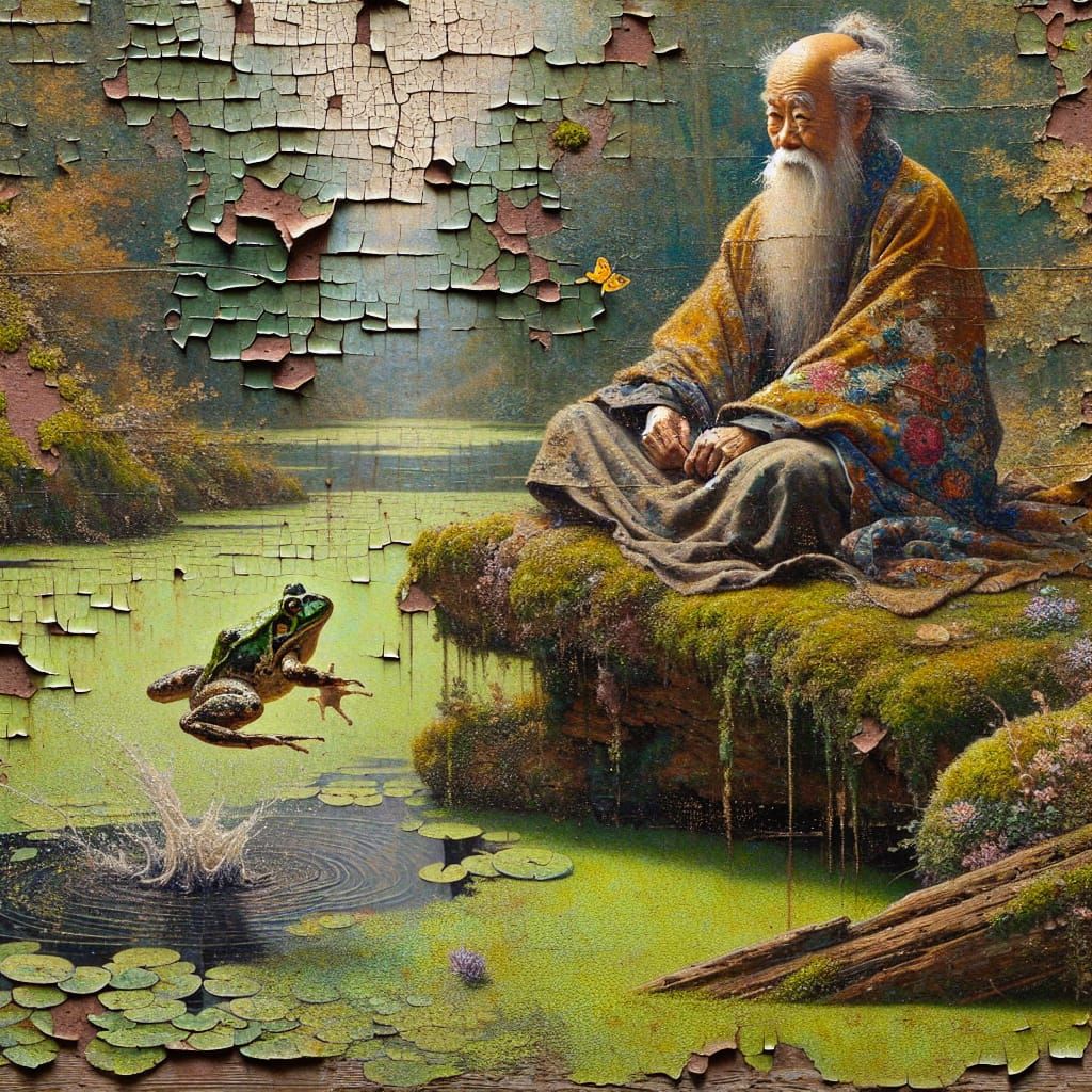 Haiku Poet and Leaping Frog in Oil Painting