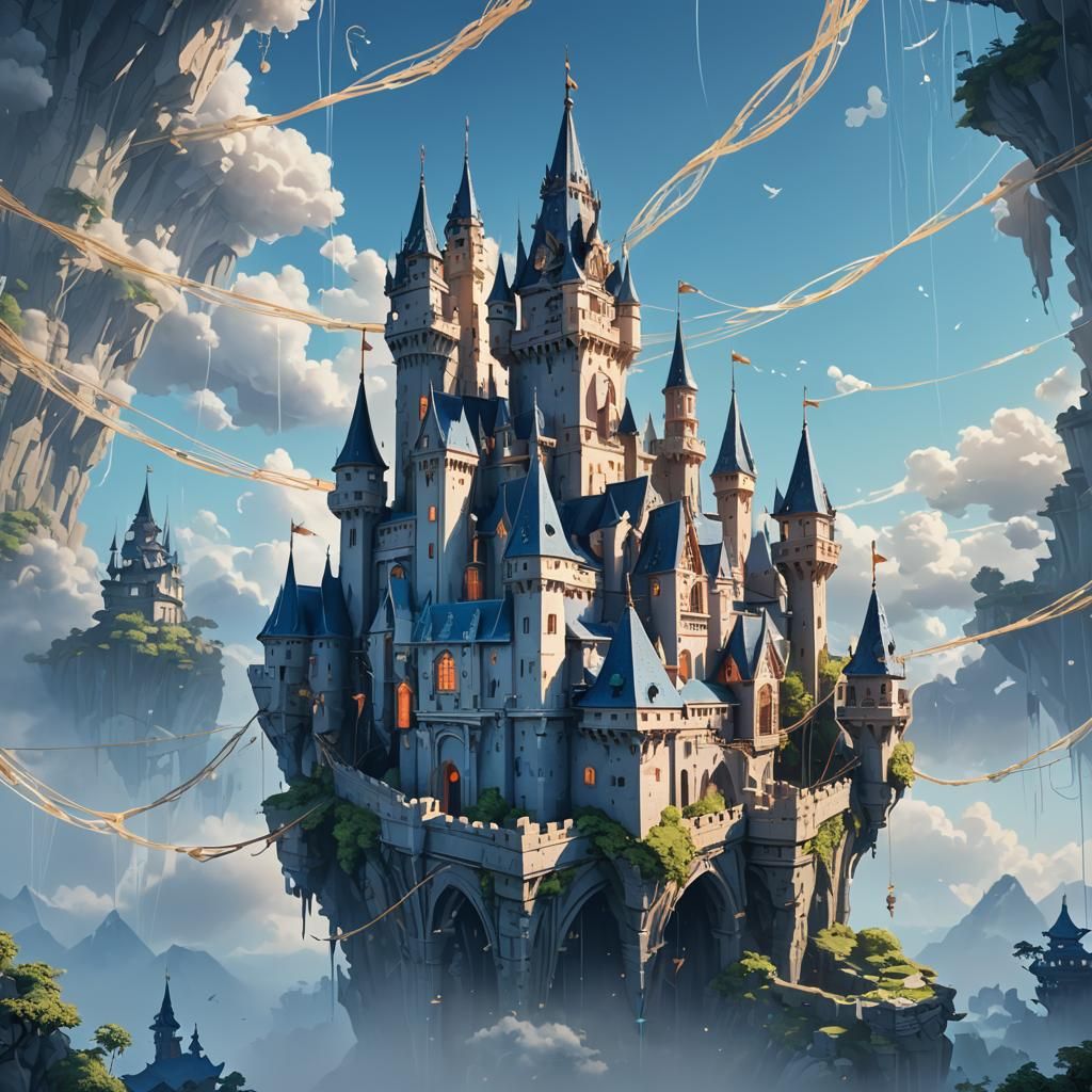 Floating String Castle: Anime-Inspired Concept Art