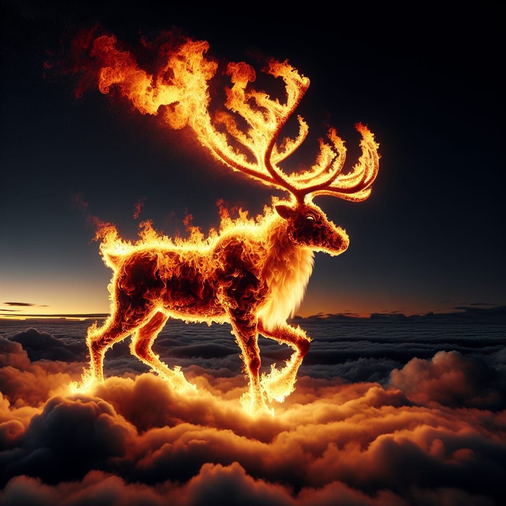 Majestic Reindeer Made of Flames in a Dark Golden Sunset