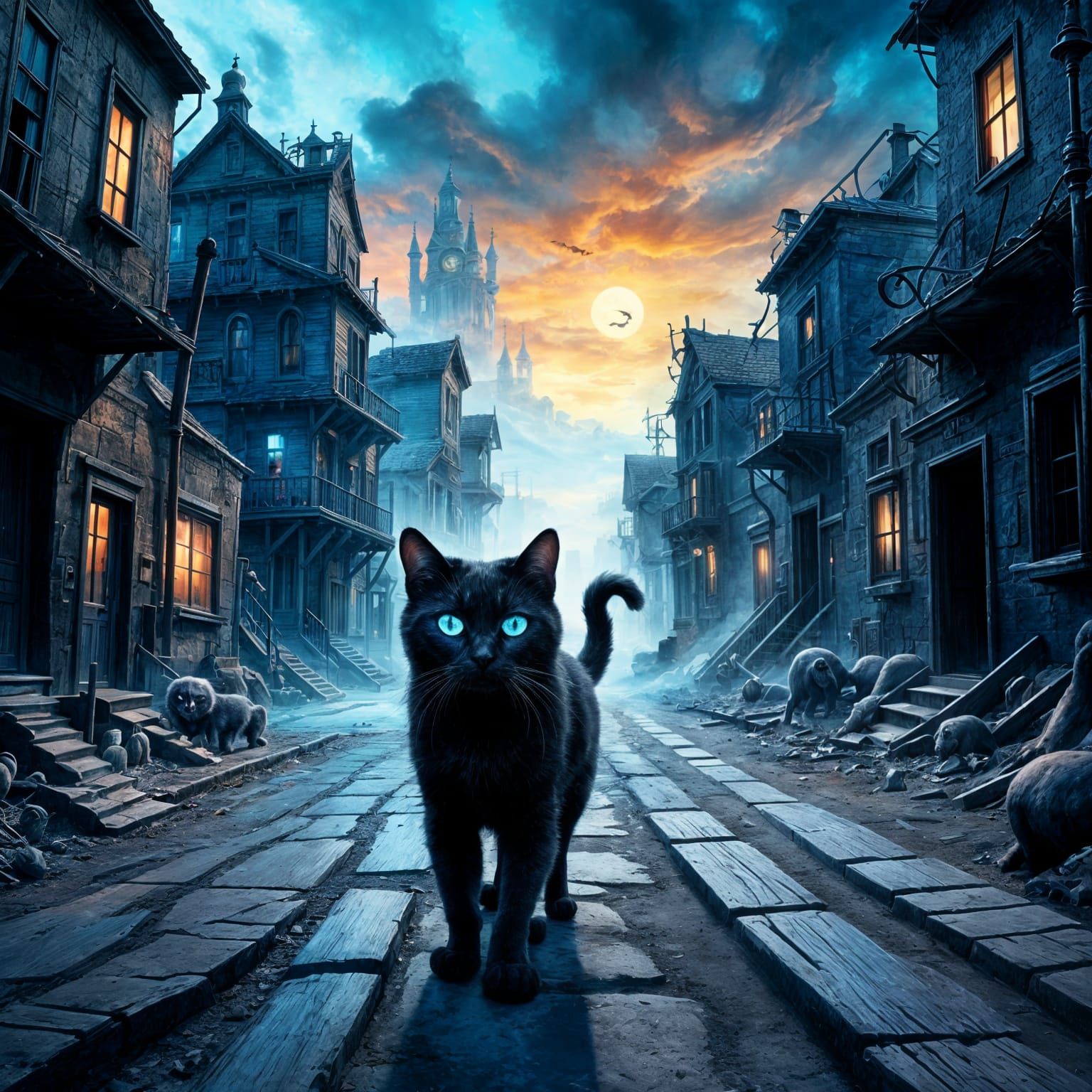 Black Cat in Ghost Town: Realistic Matte Painting