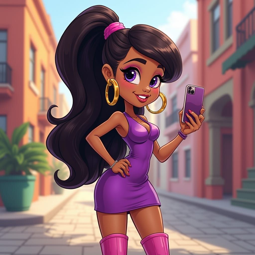 Trendy Cartoon Girl in Vibrant Urban Setting