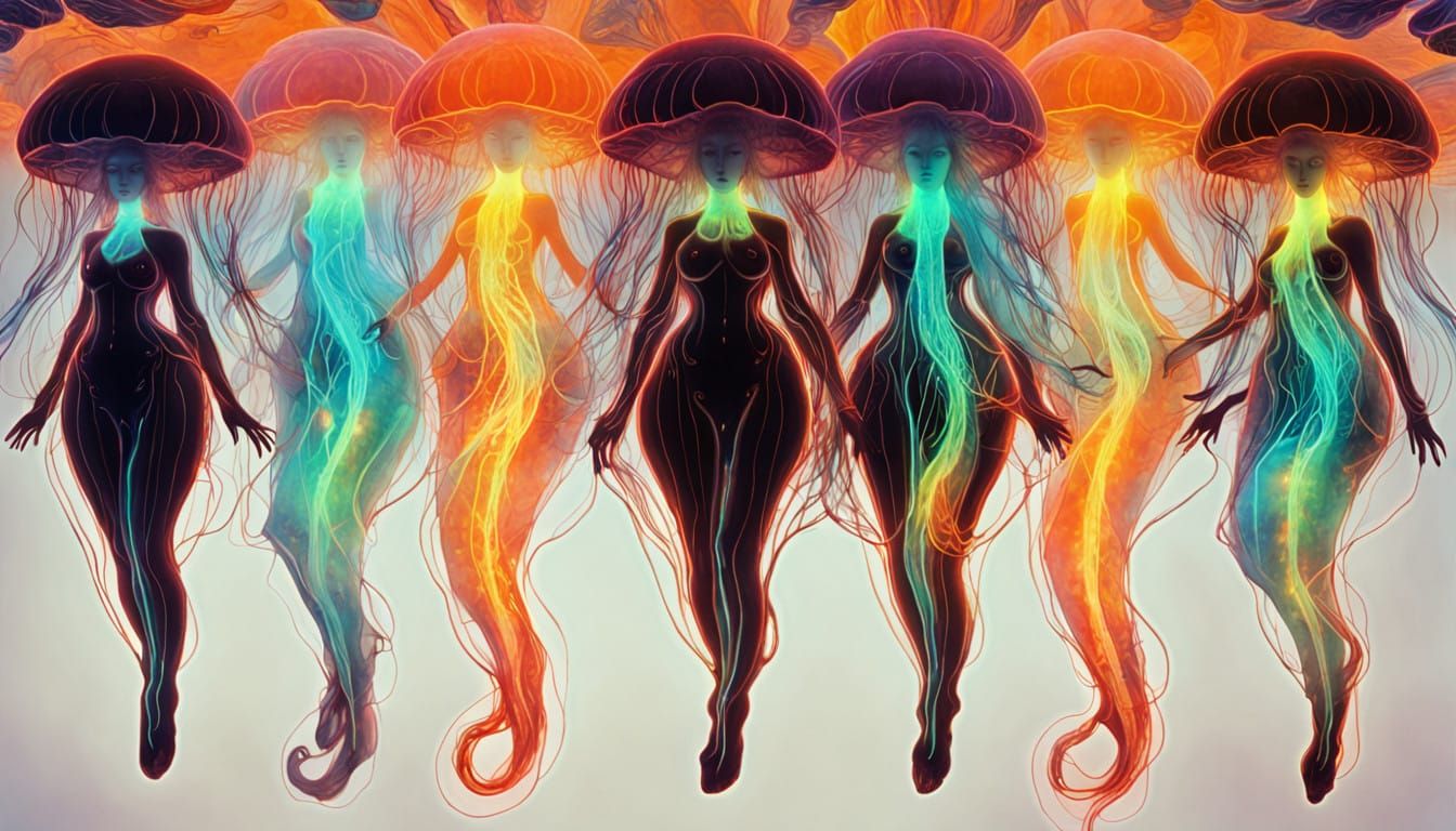 Glowing Bioluminescent Woman in Geometric Abstract Art