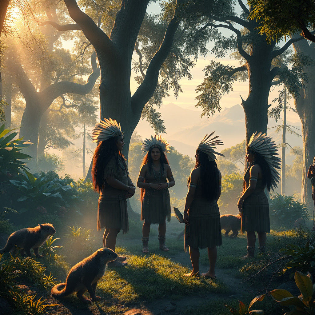Indigenous Gathering in Lush Forest: Hyper-Realistic Digital...
