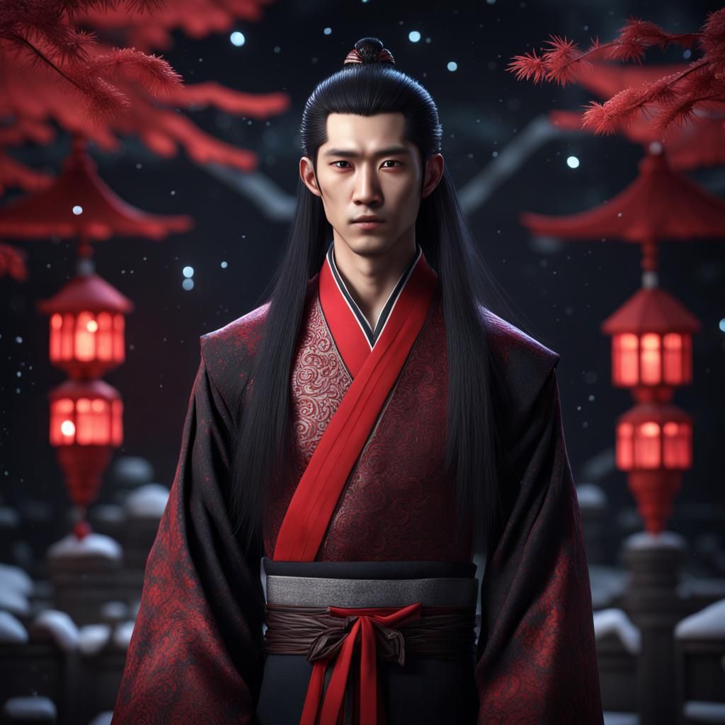 Asian Man in Red Dress, Detailed Matte Painting