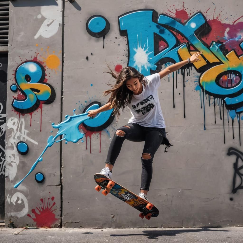 Skateboarder Girl Performing Flip Trick in Graffiti Art Styl...
