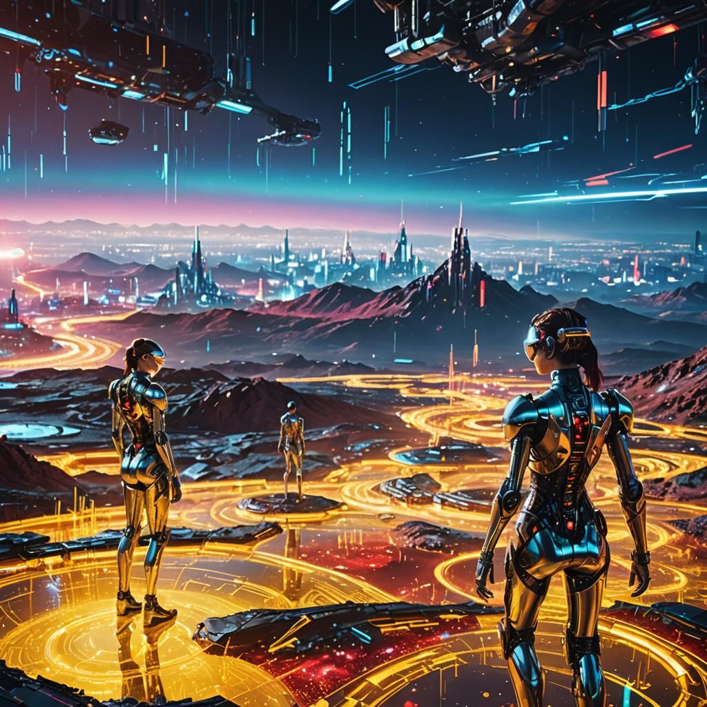 Cyborg Women in Steel and Glass Amidst Futuristic Terraforme...