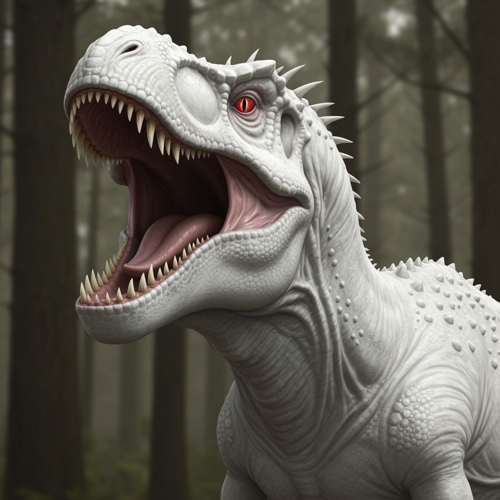 White Indominus Rex Roaring in Forest, Detailed Rendering